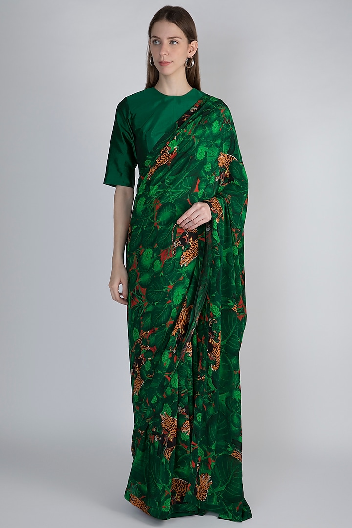 Emerald Green Jungle Printed Saree Set by Masaba