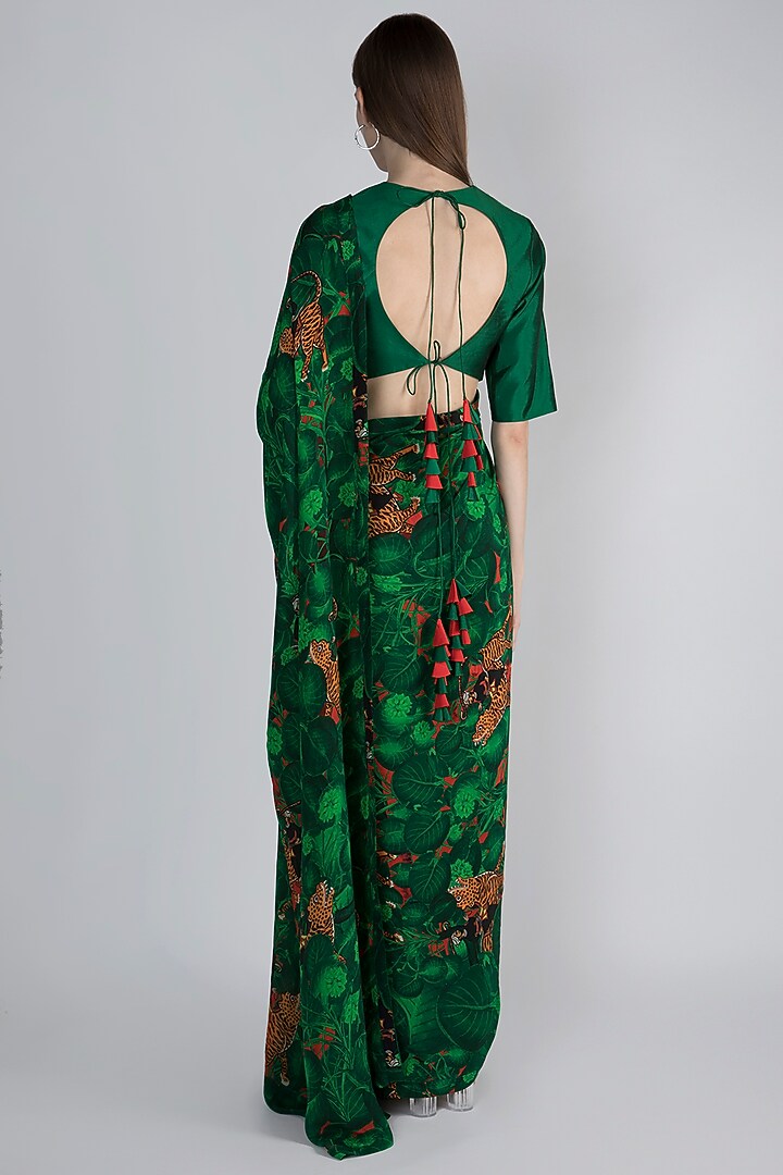 Emerald Green Jungle Printed Party Wear Saree Set by Masaba at Pernia's Pop Up Shop