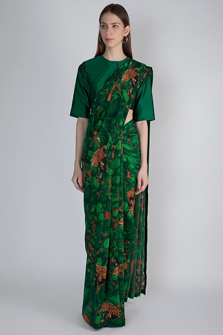 Emerald Green Jungle Printed Party Wear Saree Set by Masaba at Pernia's Pop Up Shop