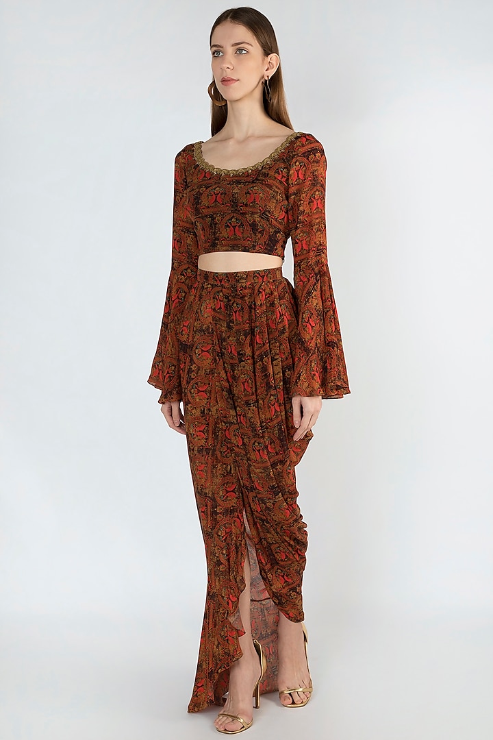 Brown Embroidered Printed Crop Top & Skirt by Masaba