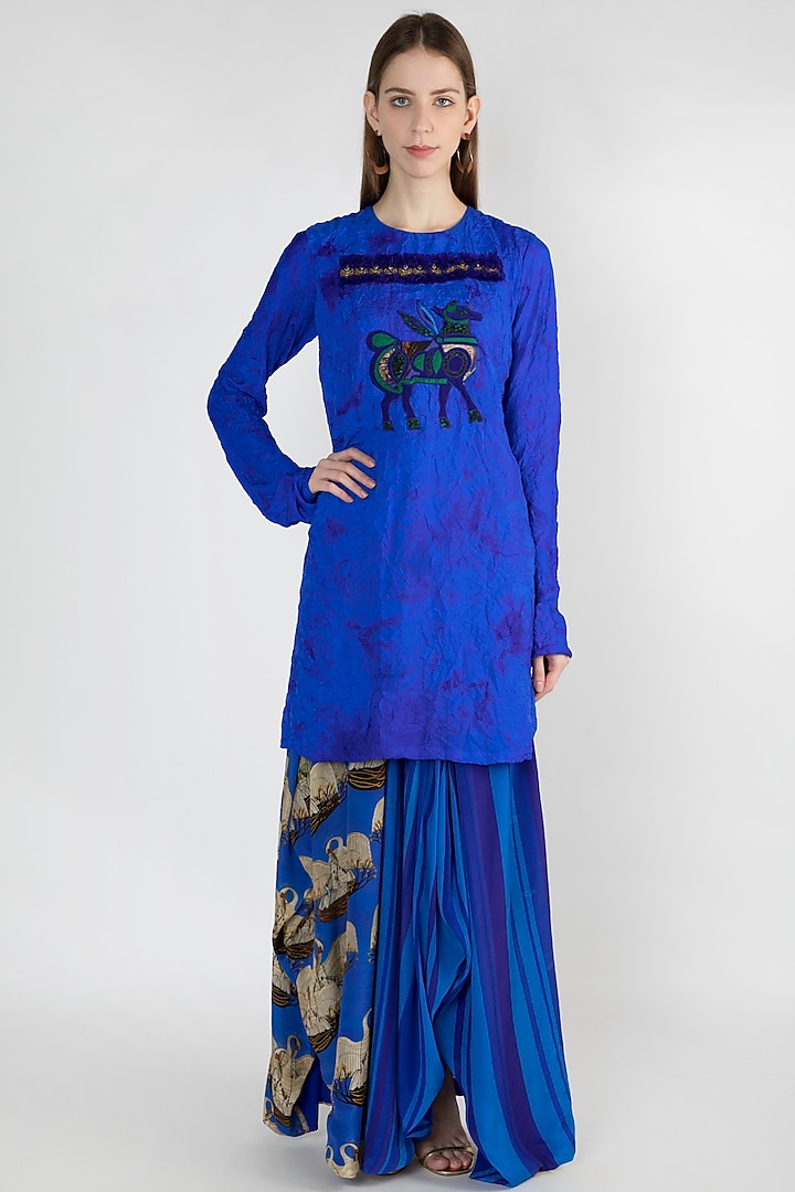 Blue Embroidered Tunic With Skirt by Masaba