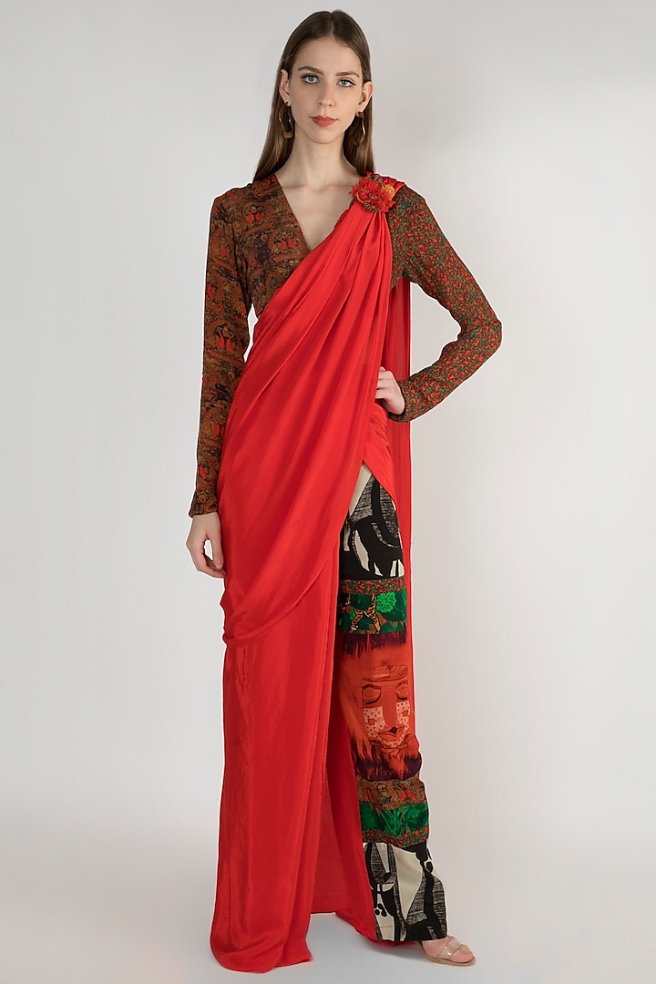 Red Brooch Embellished Saree Set by Masaba