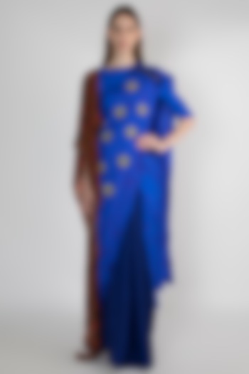 Blue Embroidered Printed Saree Set by Masaba