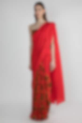 Red Embroidered Printed Saree Set by Masaba