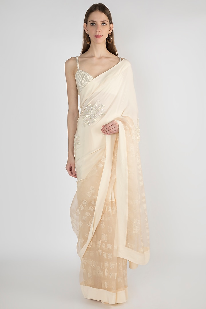 Ivory Embroidered Printed Saree Set by Masaba