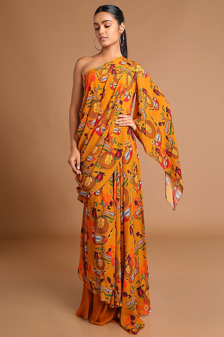 Mustard Printed Draped Top With Skirt by Masaba