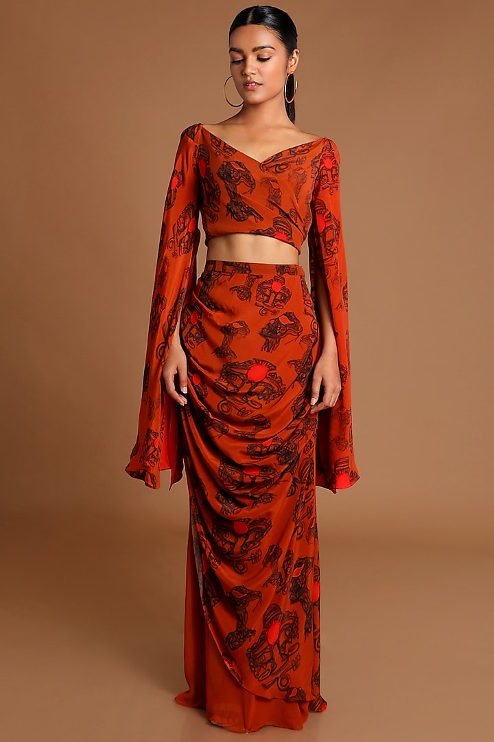 Brown Printed Wrap Top With Draped Skirt by Masaba