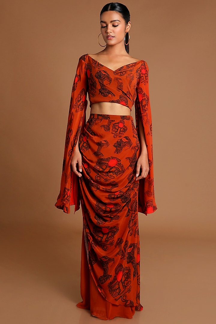 Brown Printed Wrap Top With Draped Skirt by Masaba at Pernia's Pop Up Shop