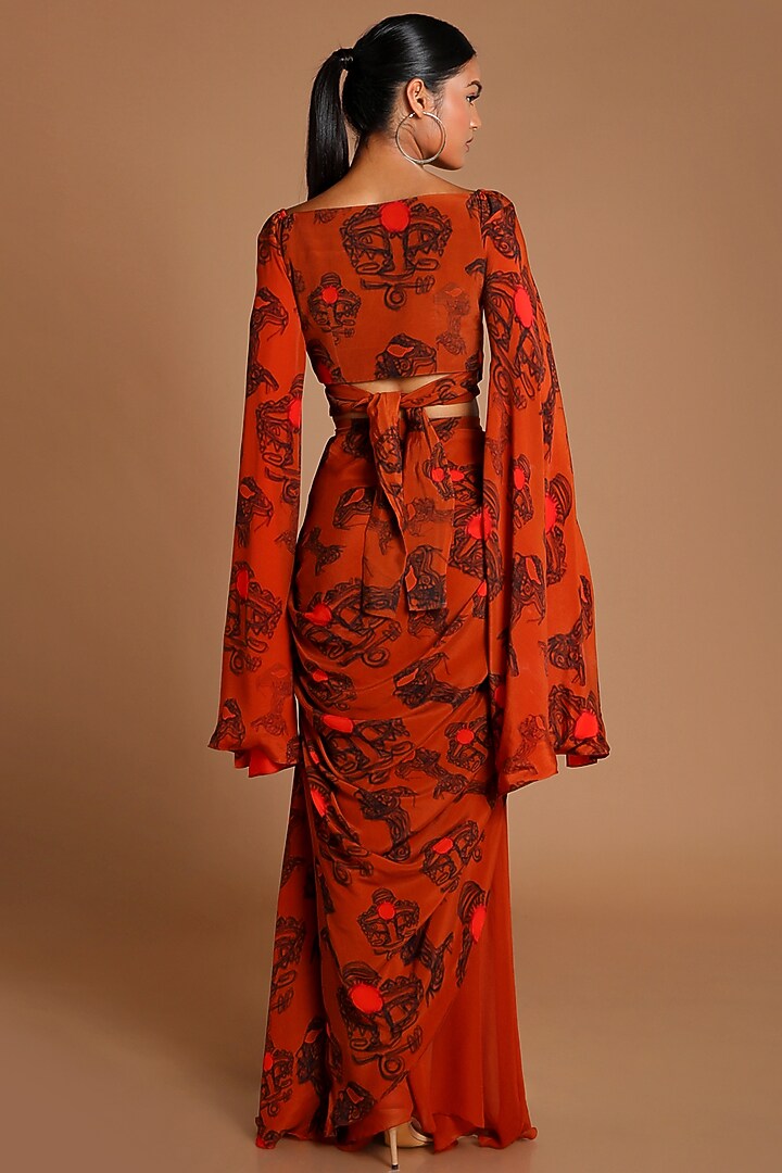 Brown Printed Wrap Top With Draped Skirt by Masaba at Pernia's Pop Up Shop