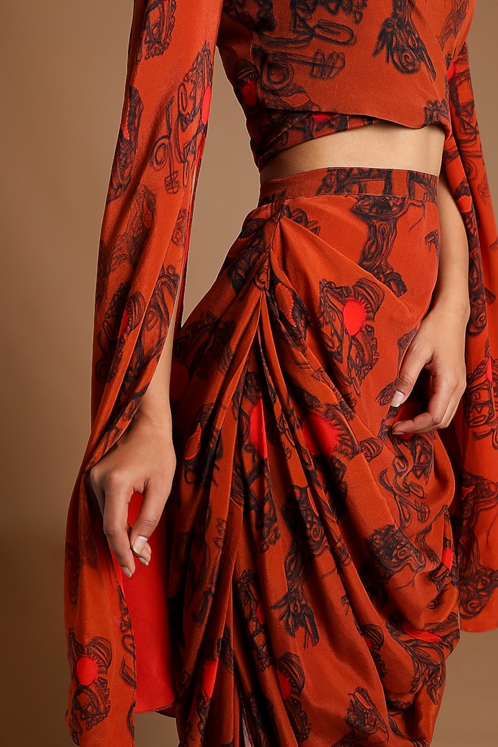 Brown Printed Wrap Top With Draped Skirt by Masaba at Pernia's Pop Up Shop