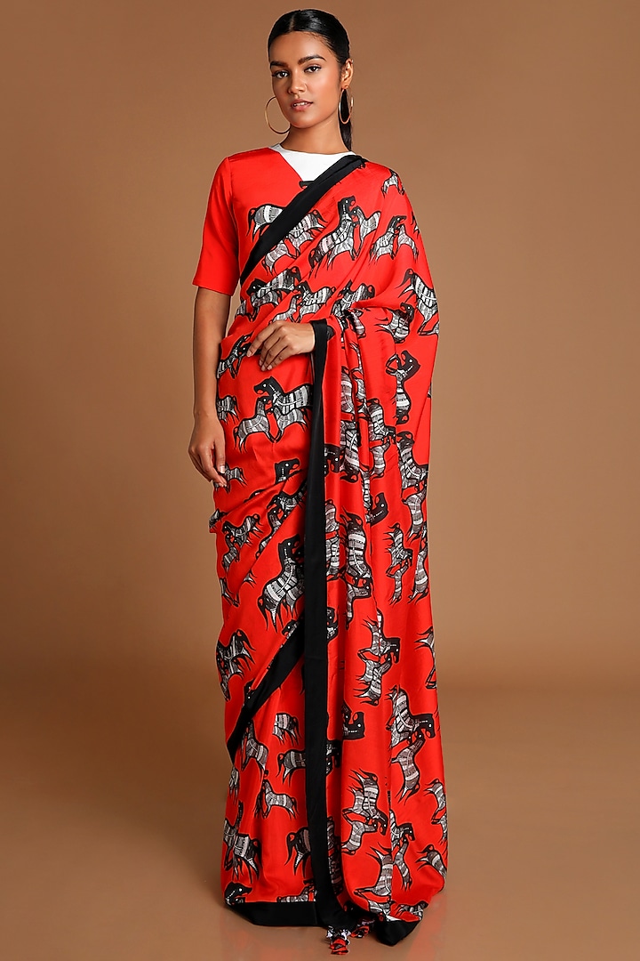 Red Digital Printed Saree Set by Masaba