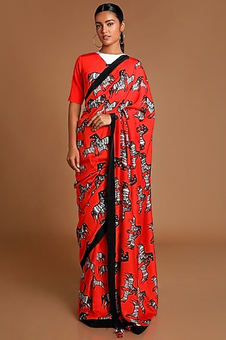 Red Digital Printed Saree Set by Masaba