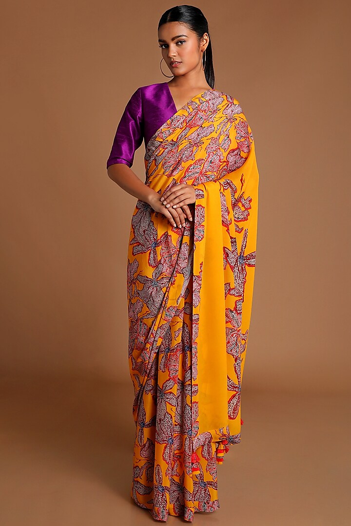 Yellow & Purple Printed Saree Set by Masaba