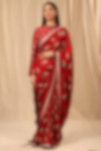 Red Raw Silk Embroidered & Spring Blossom Printed Saree Set by Masaba