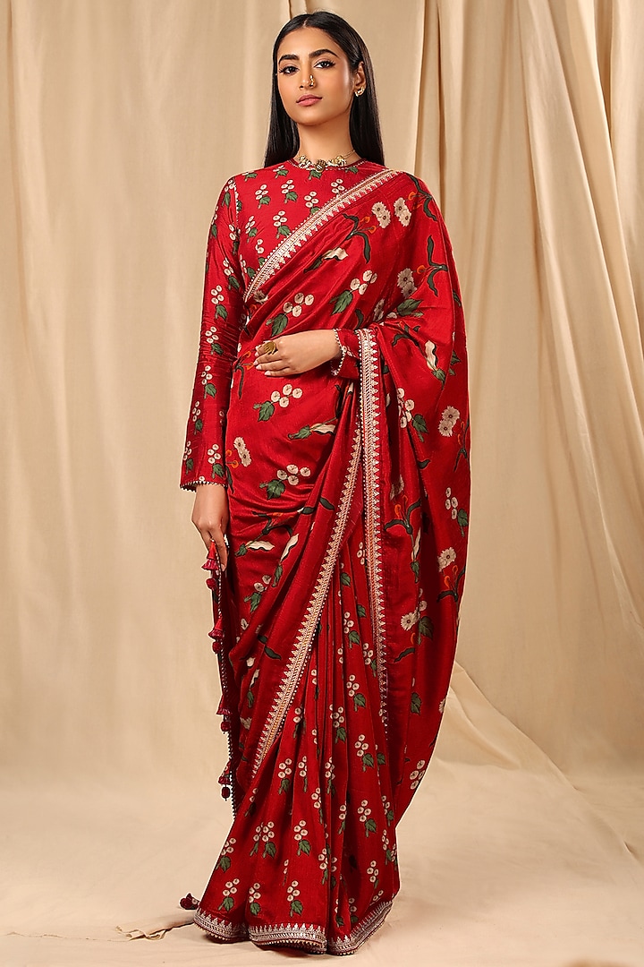 Red Raw Silk Embroidered & Spring Blossom Printed Saree Set by Masaba