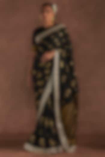 Black Silk Woven Jacquard Party Wear Saree Set by Masaba at Pernia's Pop Up Shop