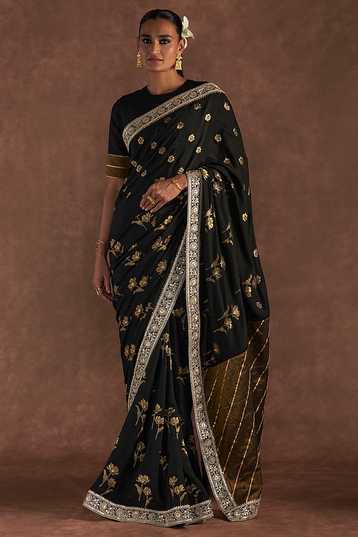 Black Silk Woven Jacquard Party Wear Saree Set by Masaba at Pernia's Pop Up Shop
