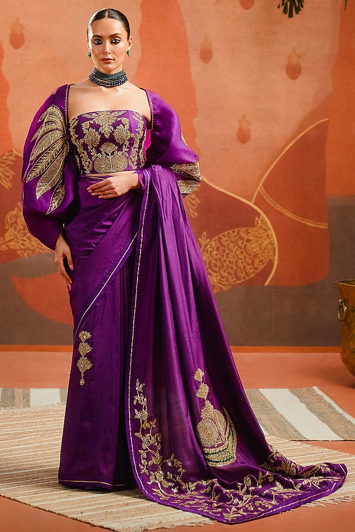 Purple Dupion & Heavy Raw Silk Motif Embroidered Saree Set by Masaba