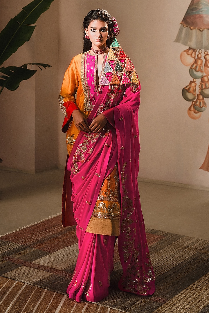 Hot Pink Pure Crepe & Heavy Raw Silk Thread Work Saree Set by Masaba