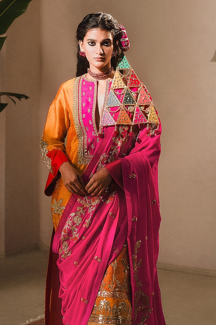 Hot Pink Pure Crepe & Heavy Raw Silk Thread Work Bridal Saree Set by Masaba at Pernia's Pop Up Shop