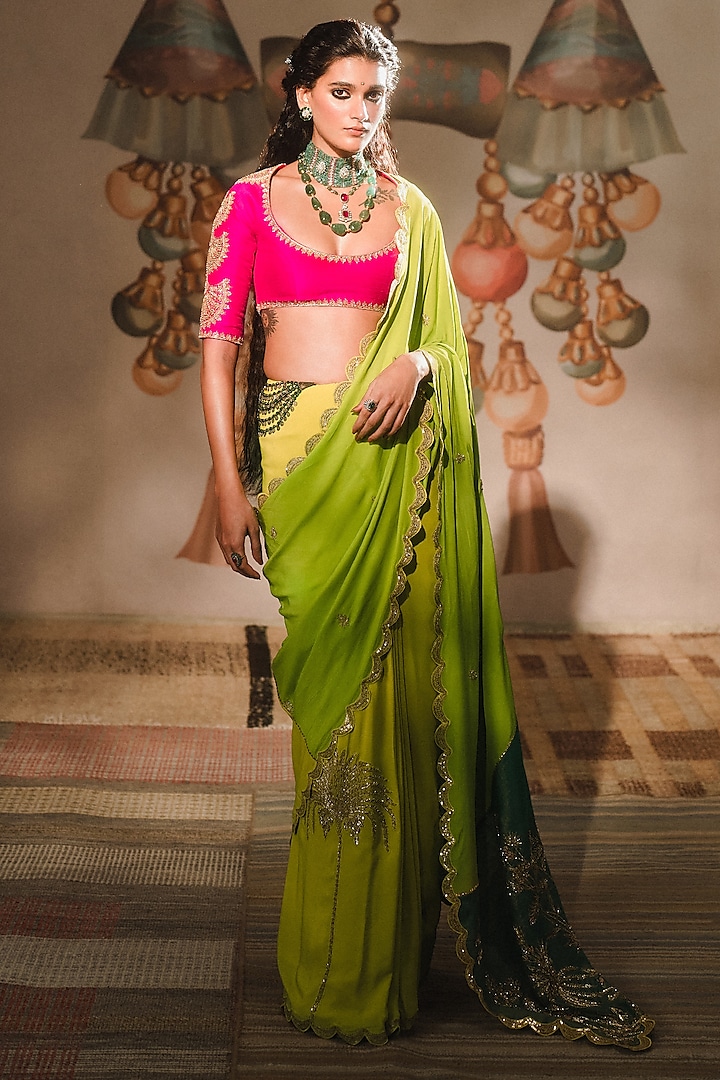 Green Natural Crepe Motif Embroidered Color Blocked Saree Set by Masaba