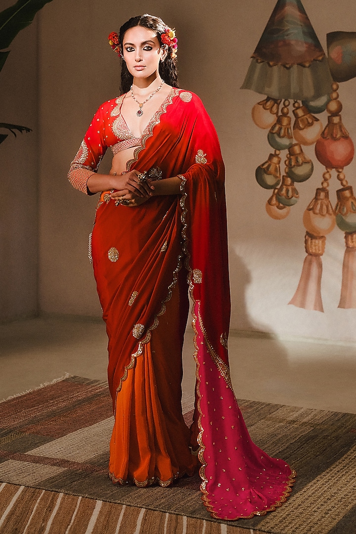 Red Pure Crepe Color Blocked Saree Set by Masaba