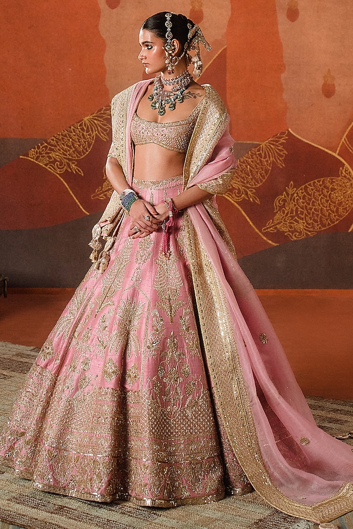 Onion Pink Heavy Raw Silk Zardosi Embroidered Lehenga Set by Masaba