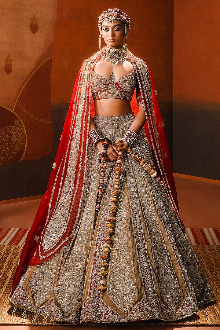 Dark Rust Heavy Raw Silk Zardosi Embroidered Lehenga Set by Masaba