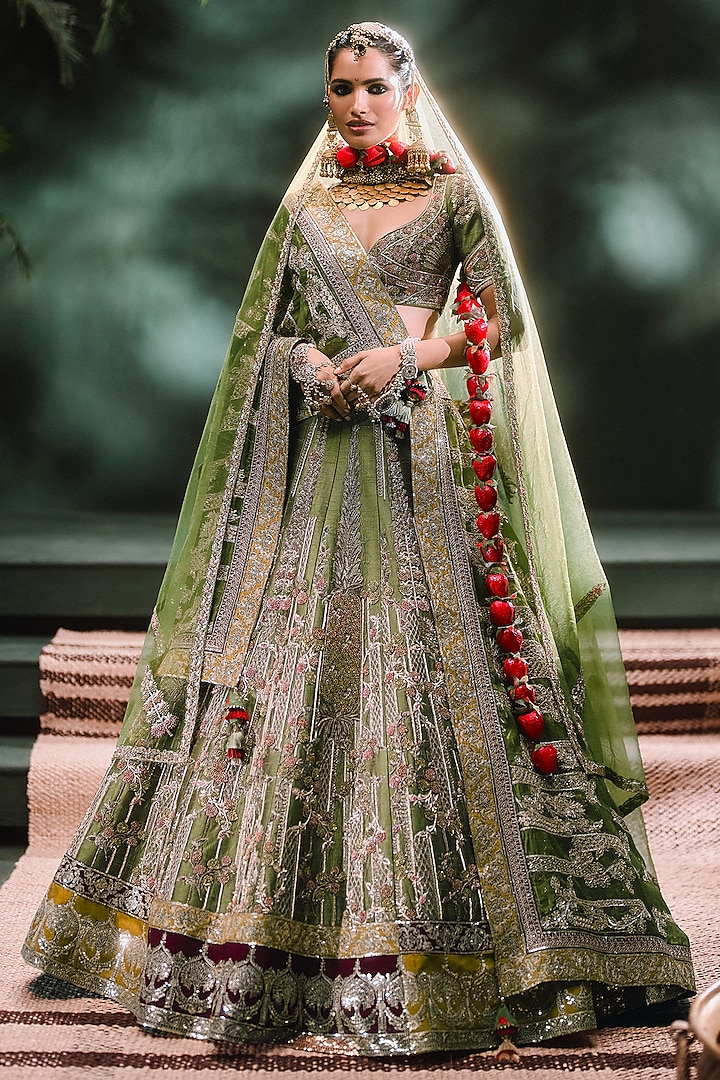 Mehendi Green Raw Silk Sequins Embellished Lehenga Set by Masaba