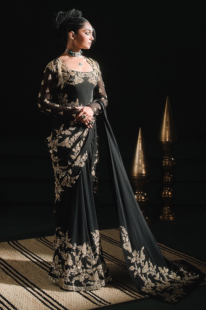 Black Moss Crepe Zardosi Work Pre-Stitched Jacket Saree Set by Masaba