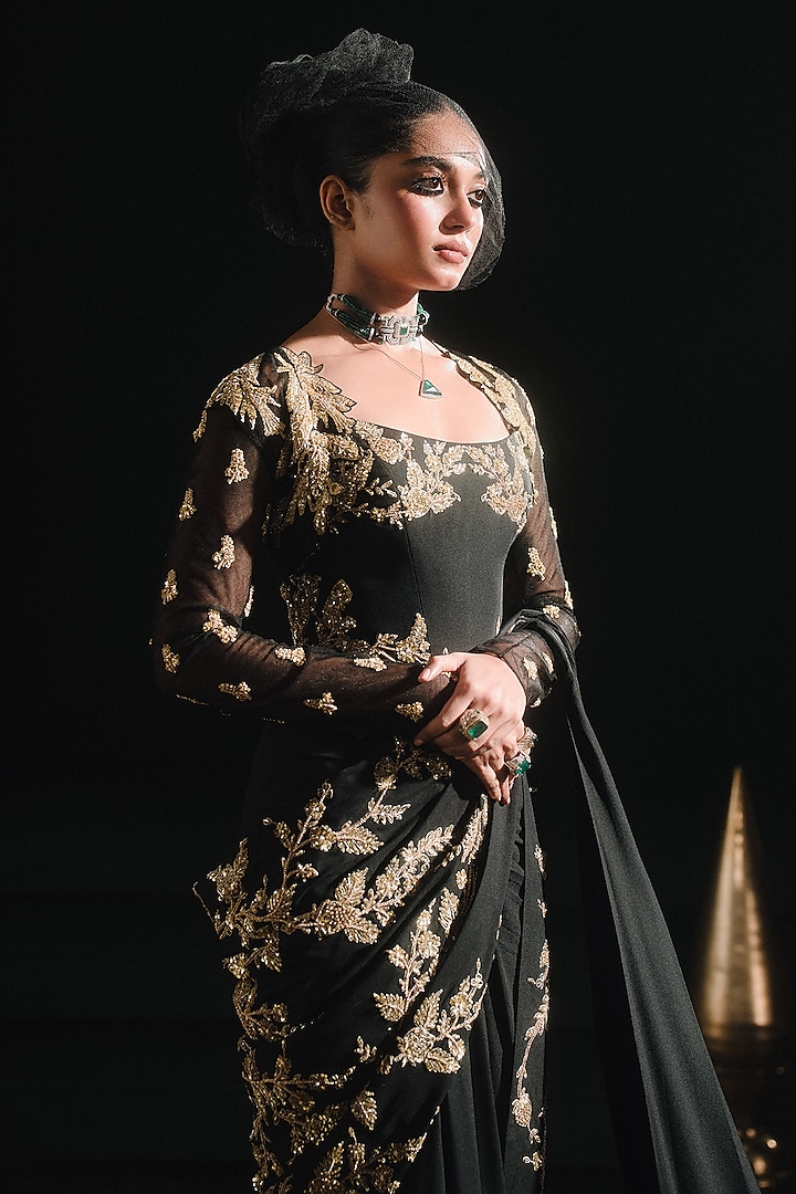 Black Moss Crepe Zardosi Work Pre-Stitched Jacket Bridal Saree Set by Masaba at Pernia's Pop Up Shop