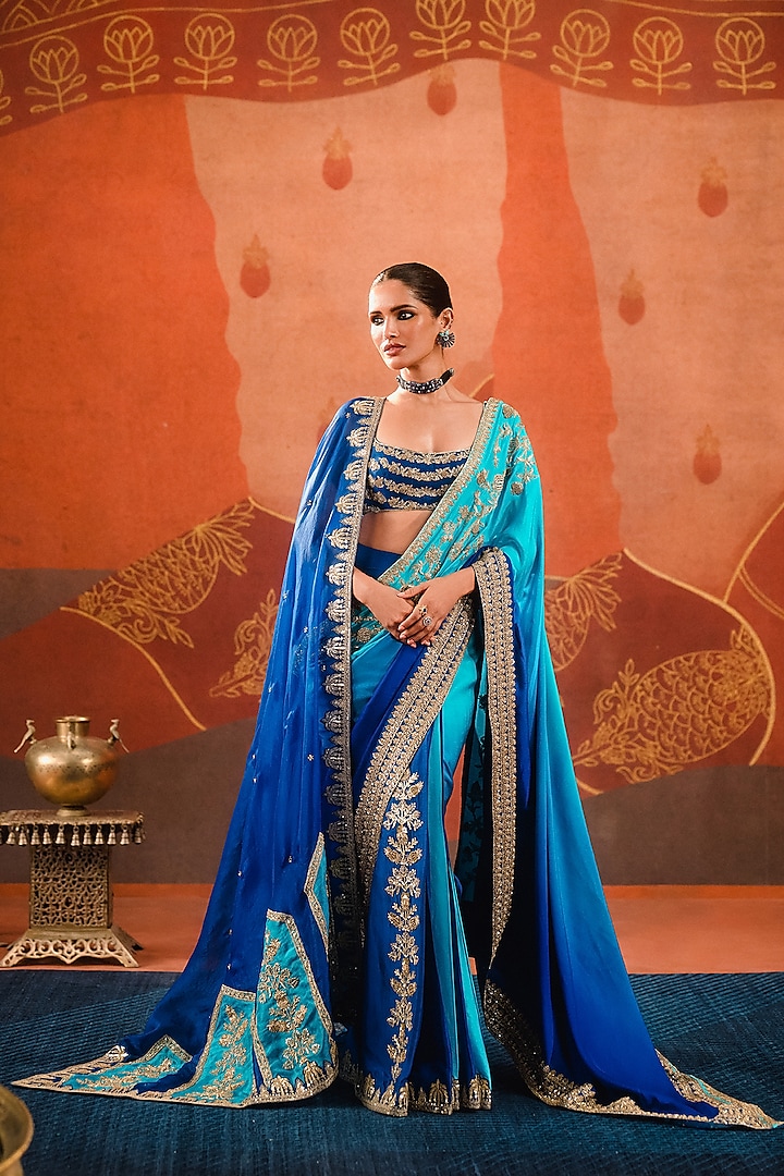 Blue Ombre Dupion Pre-Stitched Saree Set by Masaba