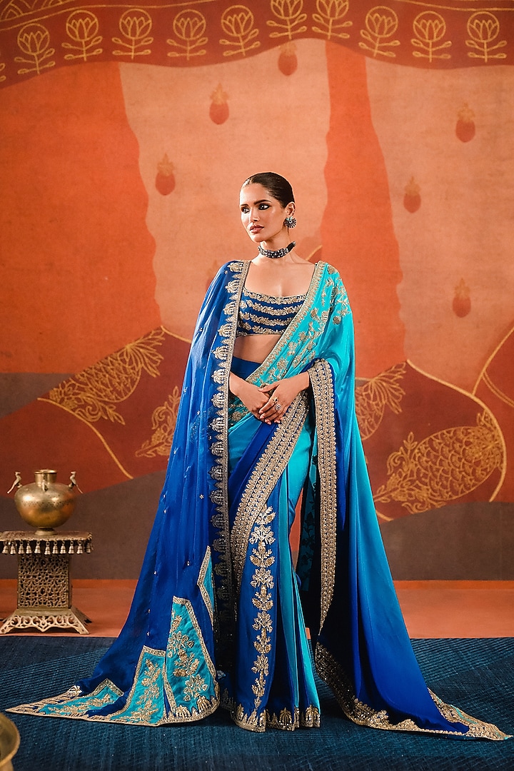 Blue Ombre Dupion Pre-Stitched Saree Set by Masaba