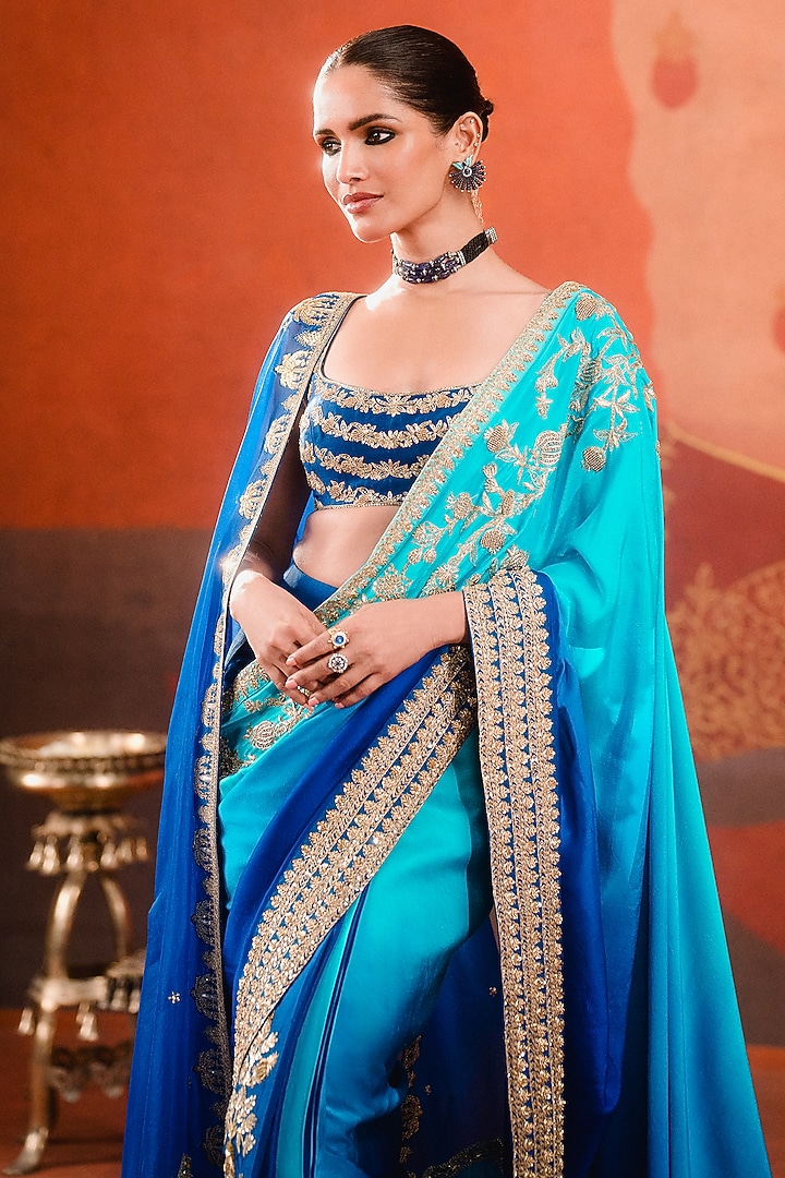 Blue Ombre Dupion Pre-Stitched Bridal Saree Set by Masaba at Pernia's Pop Up Shop