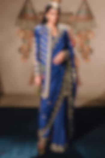 Blue Dupion Sitara Embroidered Semi-Stitched Saree Set by Masaba