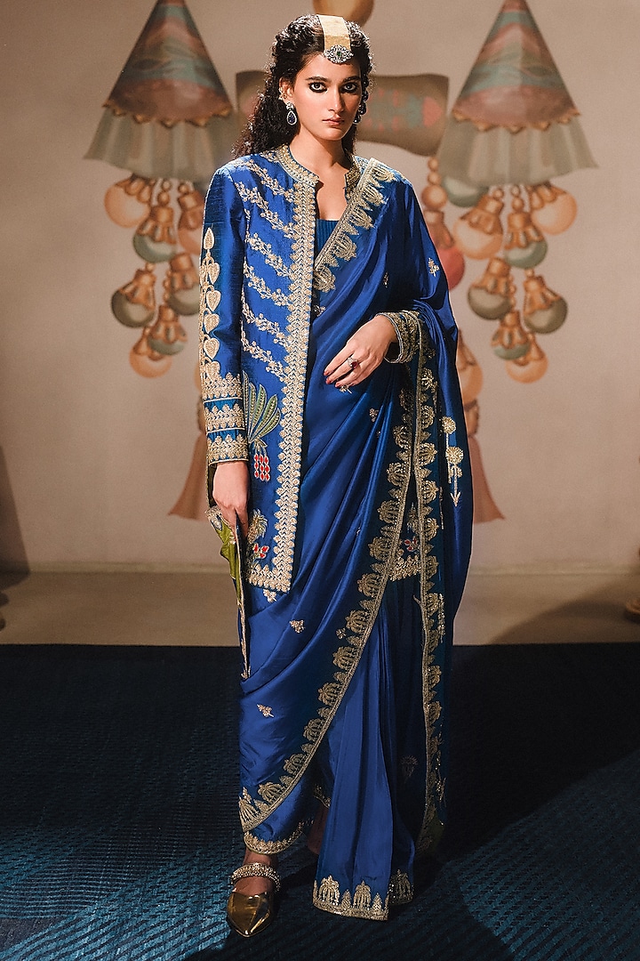 Blue Dupion Sitara Embroidered Semi-Stitched Saree Set by Masaba