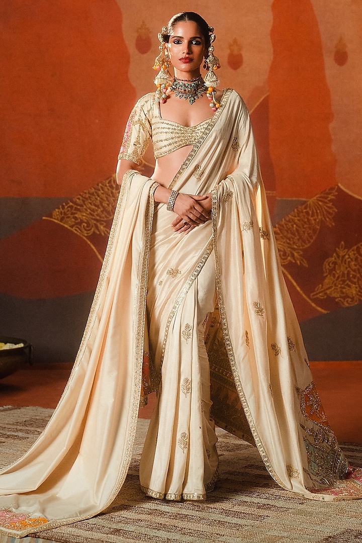 Almond Ivory Dupion Motif Embroidered Saree Set by Masaba