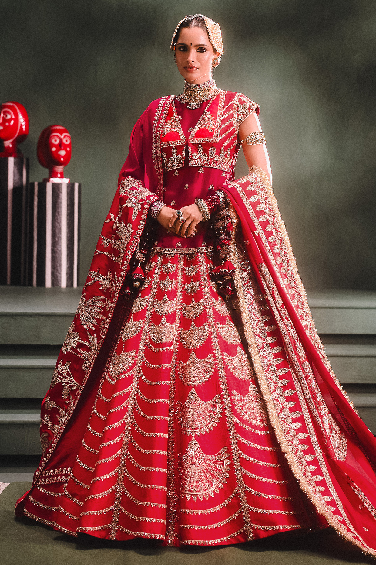 Red Heavy Raw Silk Motif Embroidered Bridal Lehenga Set by Masaba at Pernia's Pop Up Shop