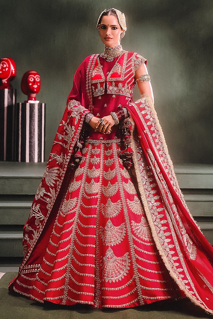 Red Heavy Raw Silk Motif Embroidered Bridal Lehenga Set by Masaba at Pernia's Pop Up Shop