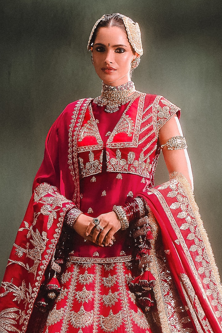 Red Heavy Raw Silk Motif Embroidered Bridal Lehenga Set by Masaba at Pernia's Pop Up Shop