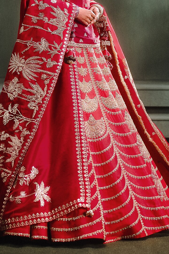 Red Heavy Raw Silk Motif Embroidered Bridal Lehenga Set by Masaba at Pernia's Pop Up Shop