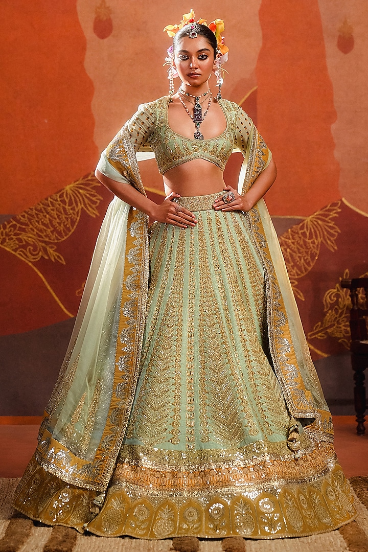 Sage Green Raw Silk Moti Embroidered Bridal Lehenga Set by Masaba at Pernia's Pop Up Shop