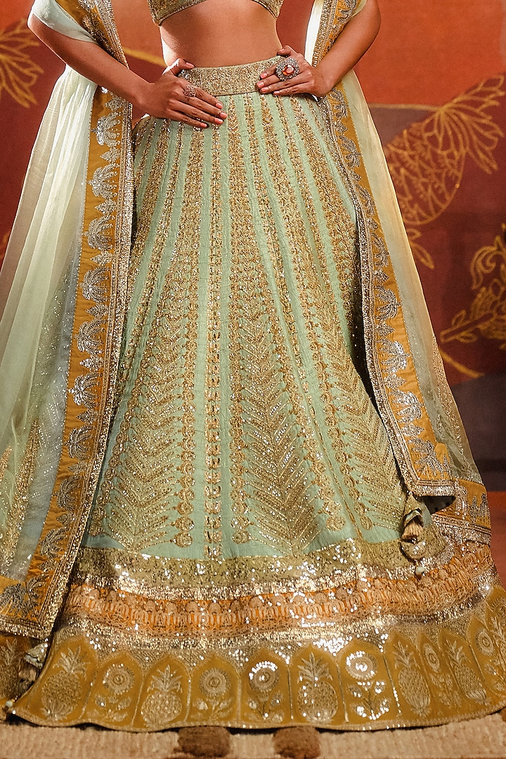 Sage Green Raw Silk Moti Embroidered Bridal Lehenga Set by Masaba at Pernia's Pop Up Shop