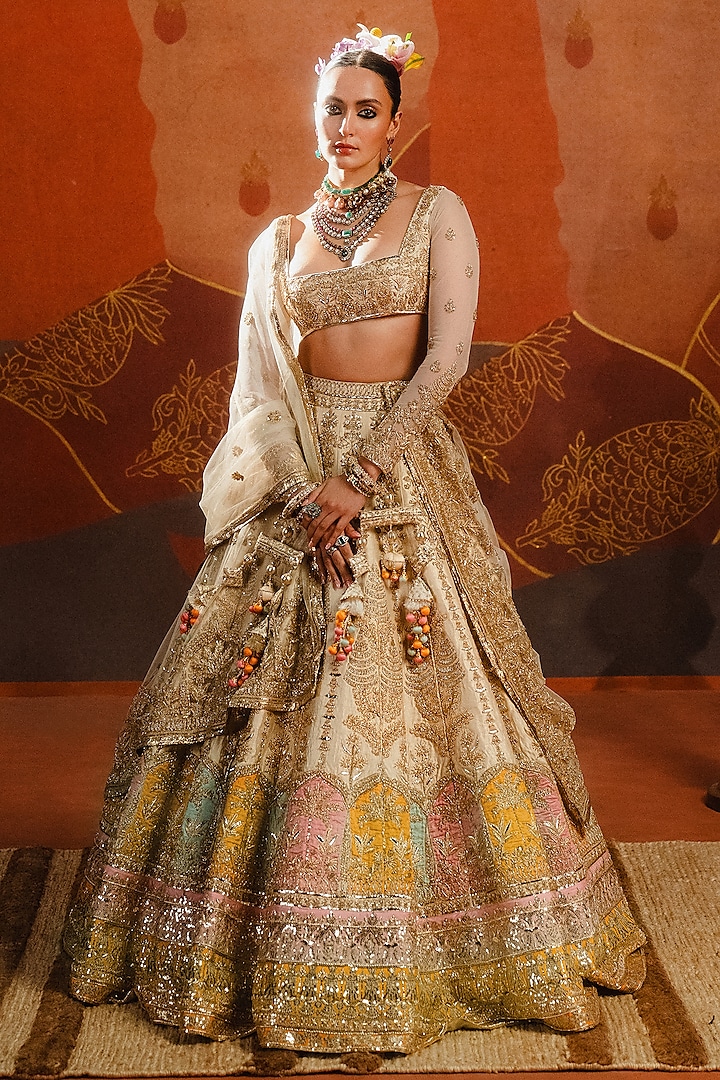 Almond Raw Silk Motif Embroidered Bridal Lehenga Set by Masaba at Pernia's Pop Up Shop