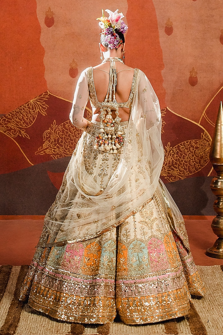 Almond Raw Silk Motif Embroidered Bridal Lehenga Set by Masaba at Pernia's Pop Up Shop