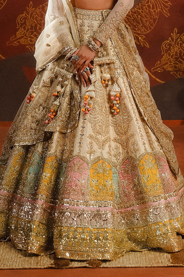 Almond Raw Silk Motif Embroidered Bridal Lehenga Set by Masaba at Pernia's Pop Up Shop