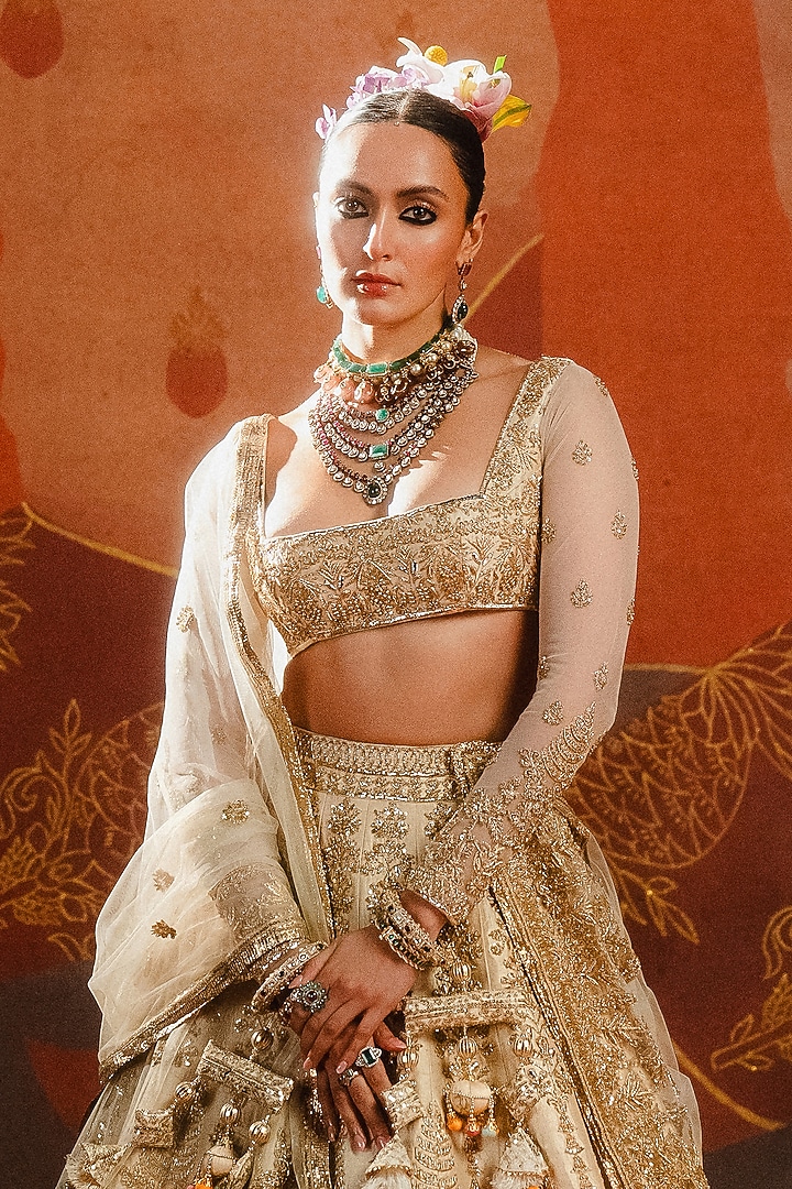 Almond Raw Silk Motif Embroidered Bridal Lehenga Set by Masaba at Pernia's Pop Up Shop