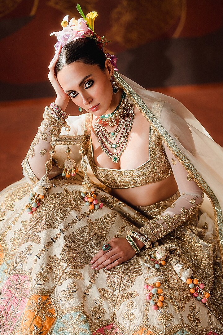 Almond Raw Silk Motif Embroidered Bridal Lehenga Set by Masaba at Pernia's Pop Up Shop