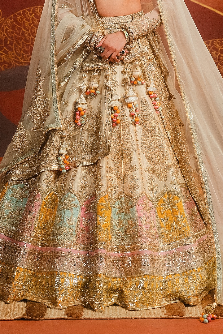 Almond Raw Silk Motif Embroidered Bridal Lehenga Set by Masaba at Pernia's Pop Up Shop