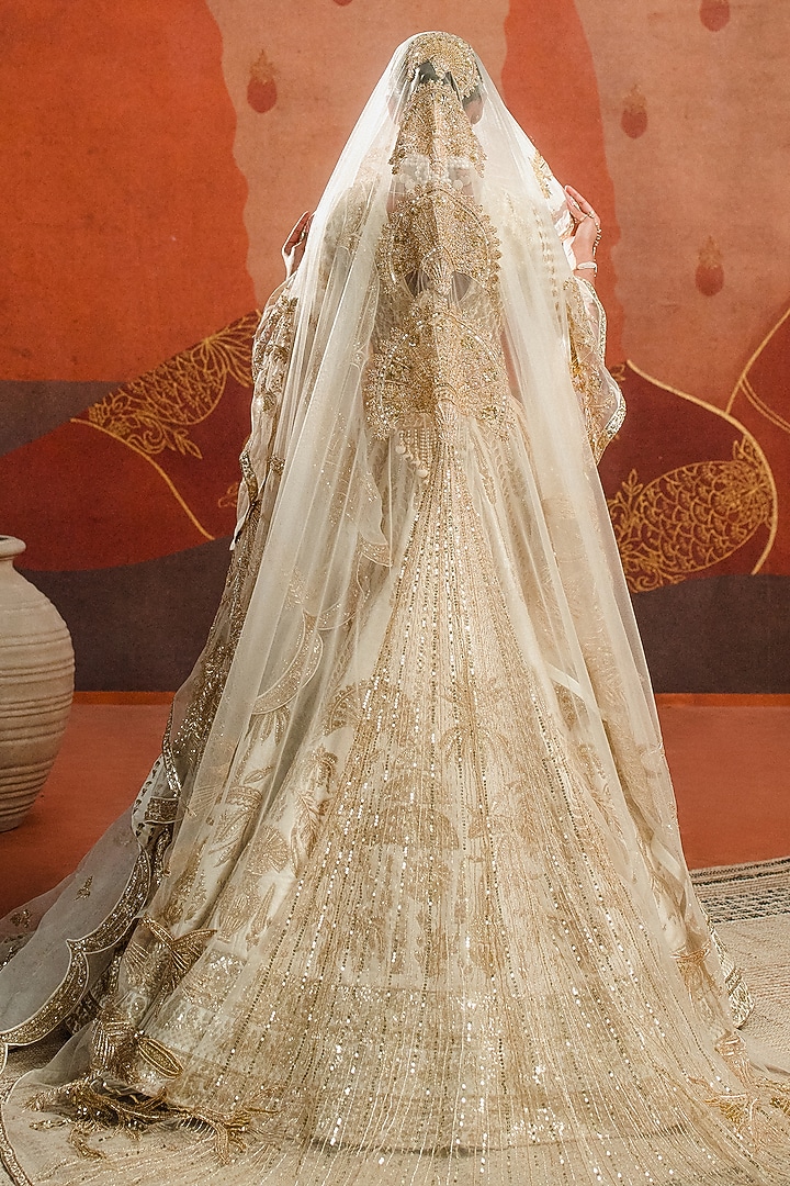 Ivory Raw Silk Zardosi & Moti Work Bridal Lehenga Set by Masaba at Pernia's Pop Up Shop